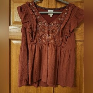 Rust Embroidered Boho Blouse